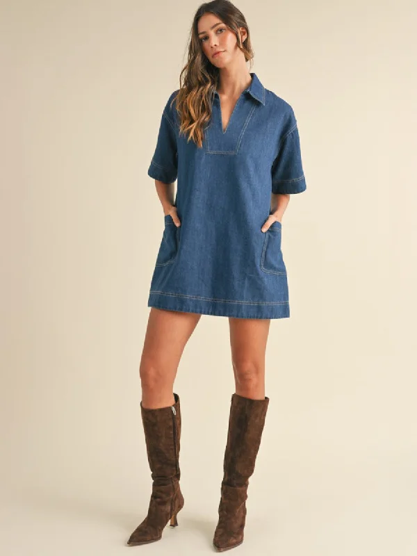 DENIM COLLAR SIDE POCKETS MINI DRESS