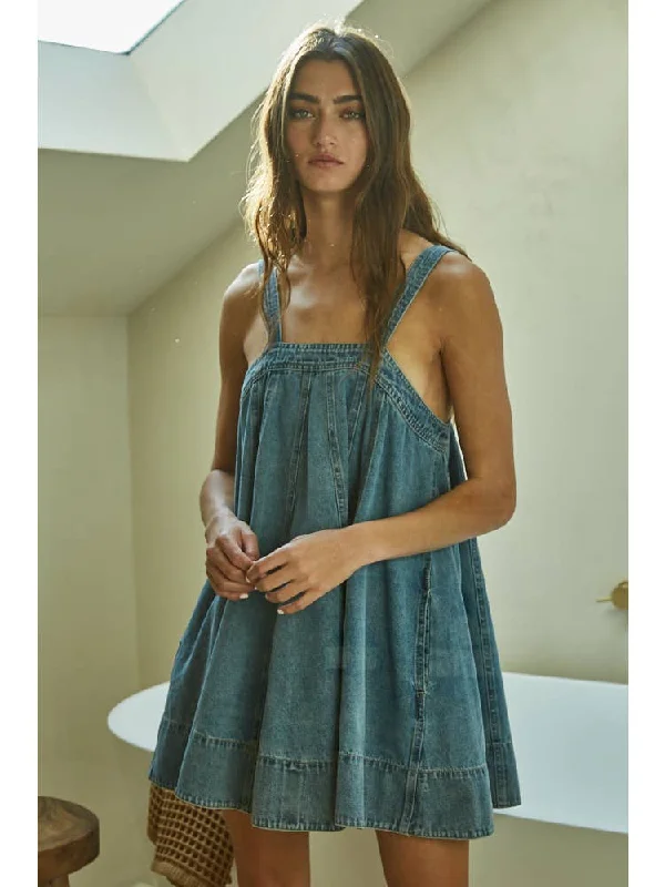 DENIM SQUARE NECK SLEEVELESS FLARE DRESS