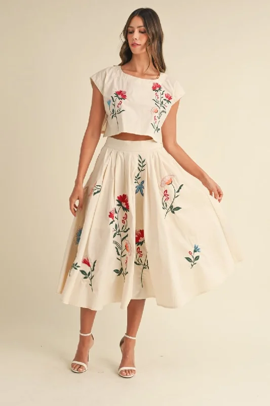 EMBROIDERED FLORAL MIDI SKIRT - CREAM