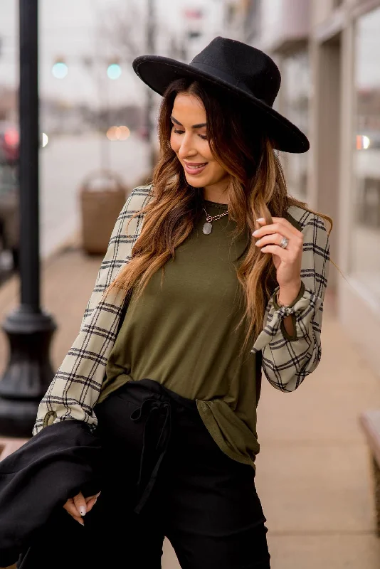 Grid Plaid Tie Sleeve Blouse