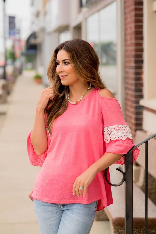 Lace Accented Cold Shoulder Tee