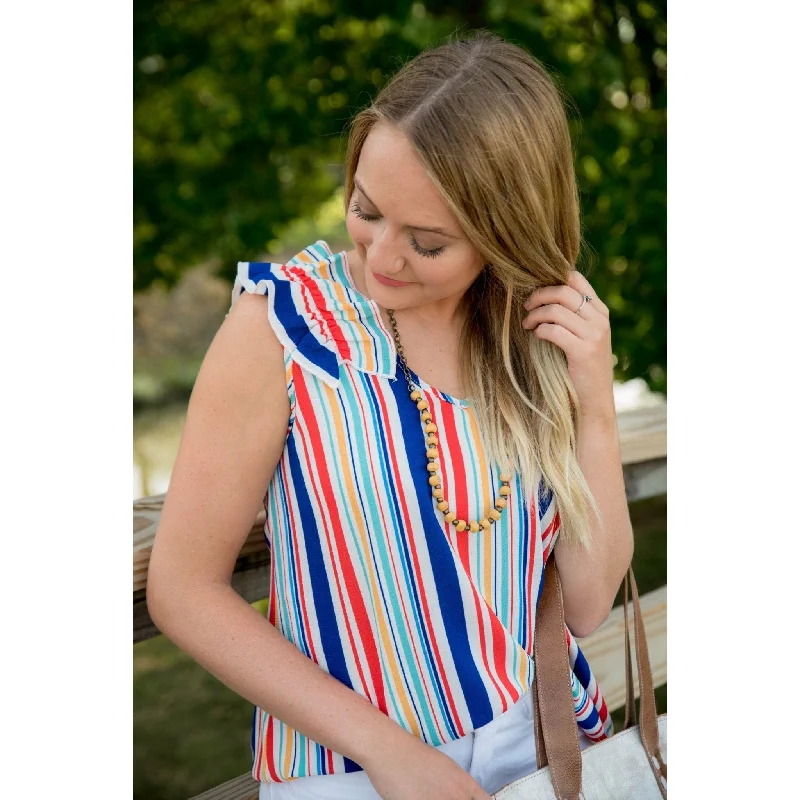 Multi Striped Ruffle Flutter Blouse