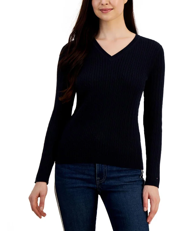 Plus Womens V Neck Cable Pullover Sweater