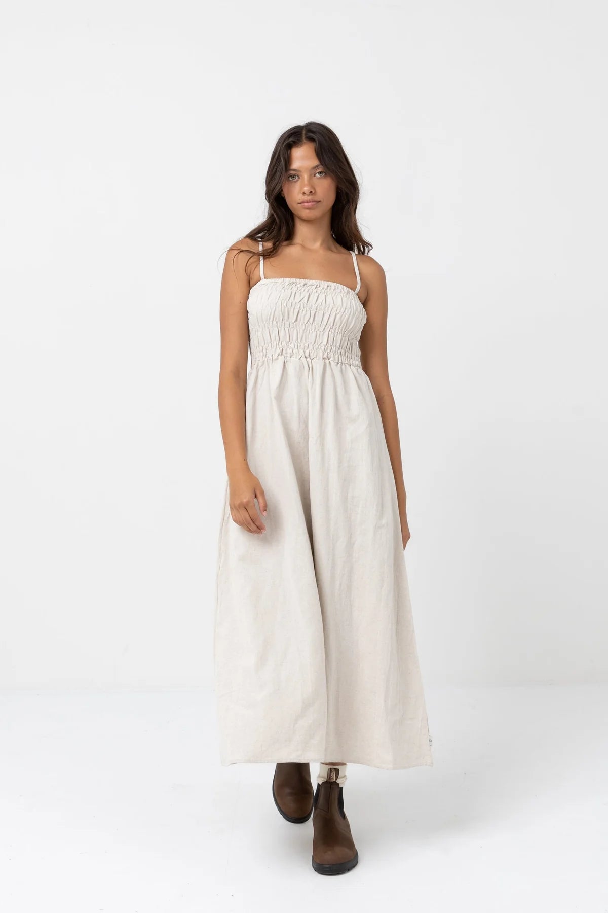 RHYTHM CLASSIC SHIRRED MIDI DRESS - OAT