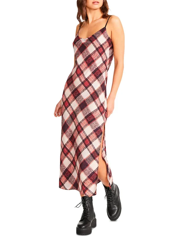 Strangelove Womens Satin Plaid Slip Dress