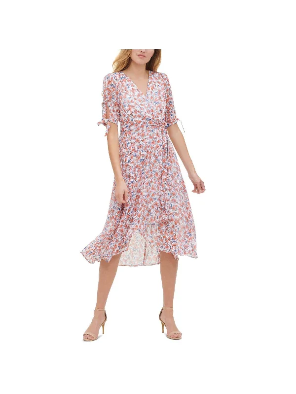 Womens Floral Print Mid Calf Wrap Dress