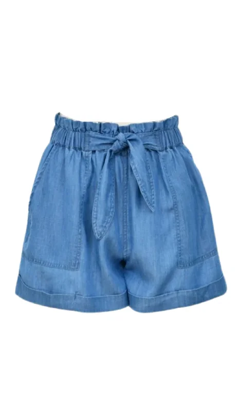 Women's High Waisted Tie Short In Blue Denim