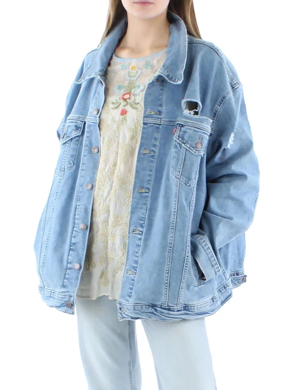 Plus Womens Destroyed Denim Trucker Jacket