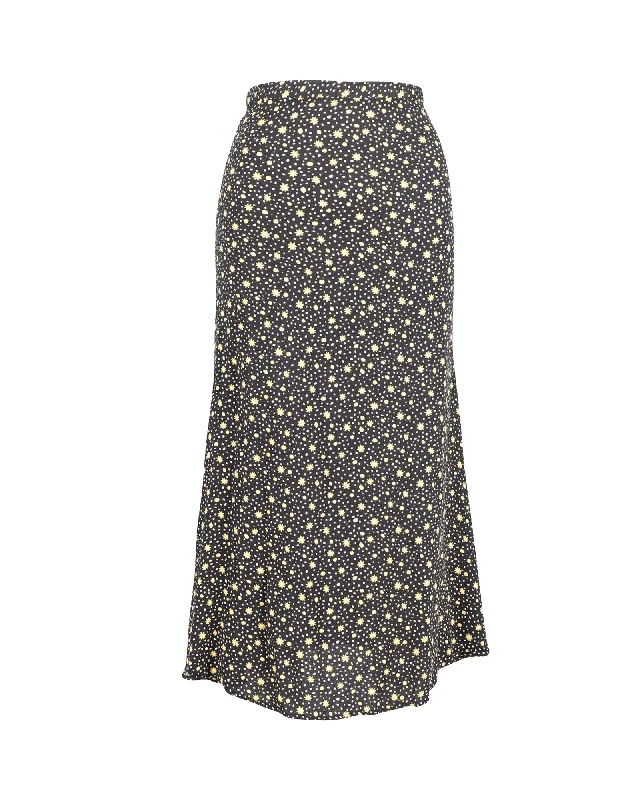 Reformation Floral Print Midi Skirt in Black Polyester