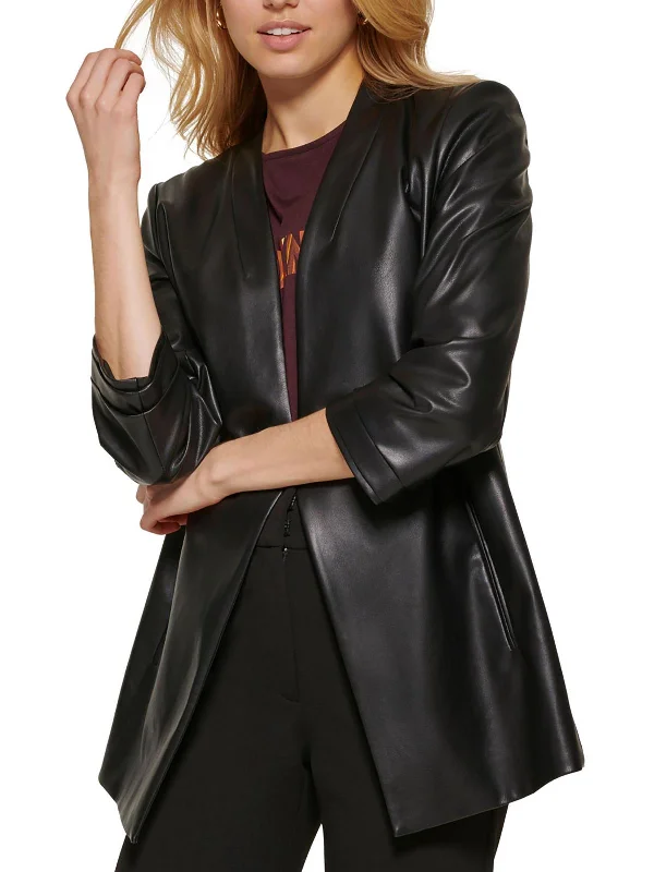 Womens Faux Leather Collarless Open-Front Blazer