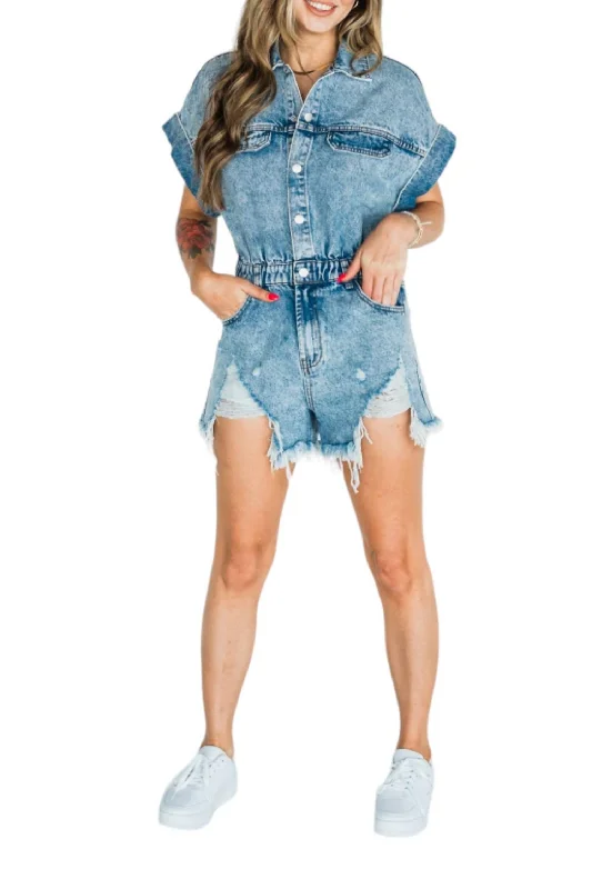 Distressed Denim Romper In Denim Blue