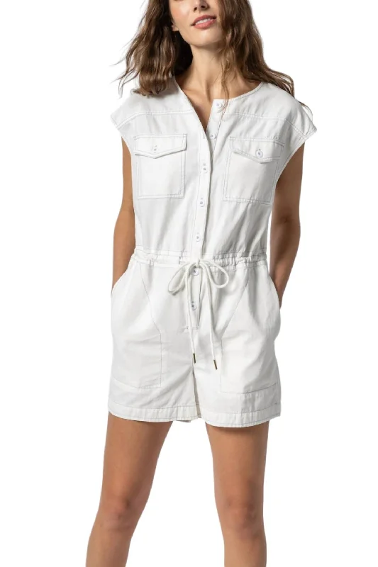 Short Sleeve Canvas Romper In White