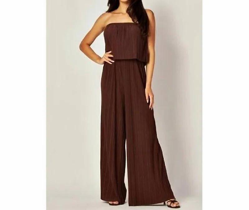 Strapless Pleated Wide Leg Jumpsuit In Brown