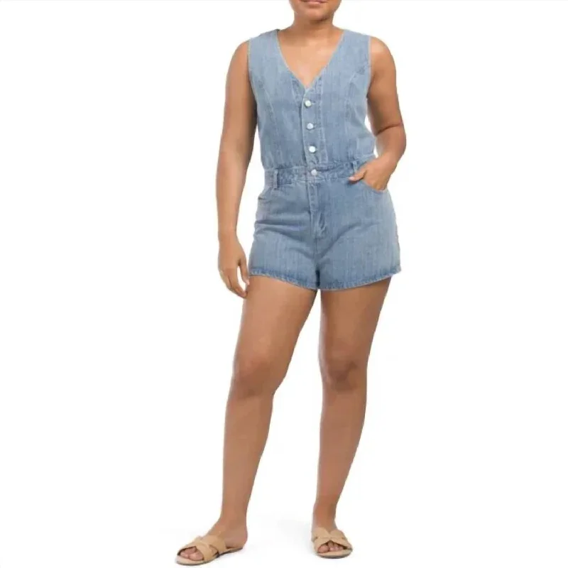 Vest Denim Sleeveless Romper In Blue