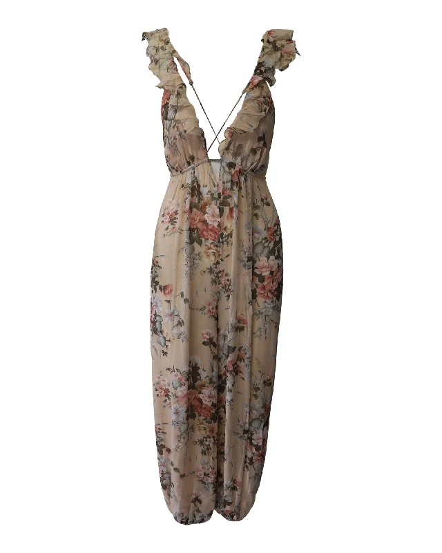 Zimmermann Aerial Flounce Full-Length Harem Jumpsuit in Floral Print Silk