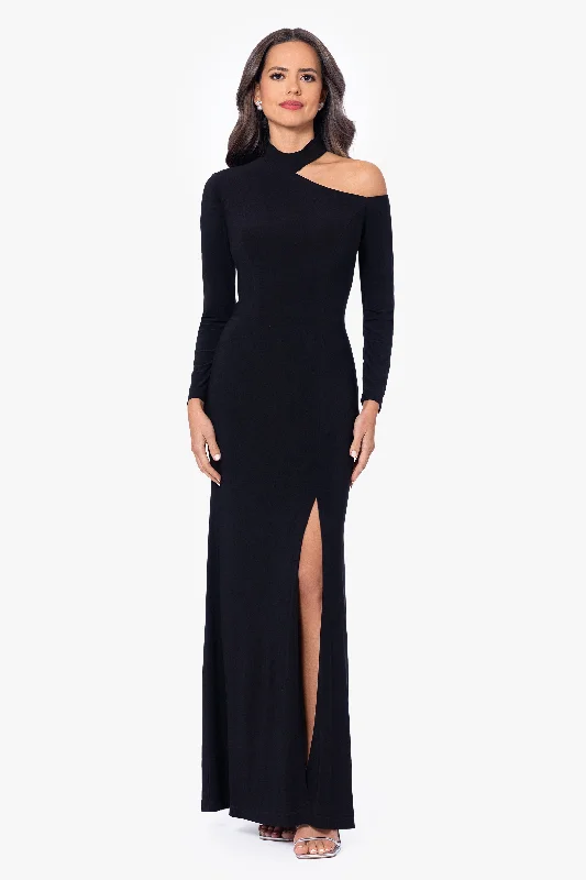 "Aletta" Jersey Knit Long Sleeve One Shoulder Cut Out Long Dress