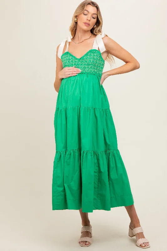 Green Ribbon Strap Tiered Maternity Maxi Dress