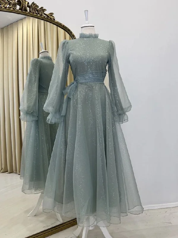 Light Blue High Neck Long Sleeves A-Line Long Formal Party Dress, DP3702