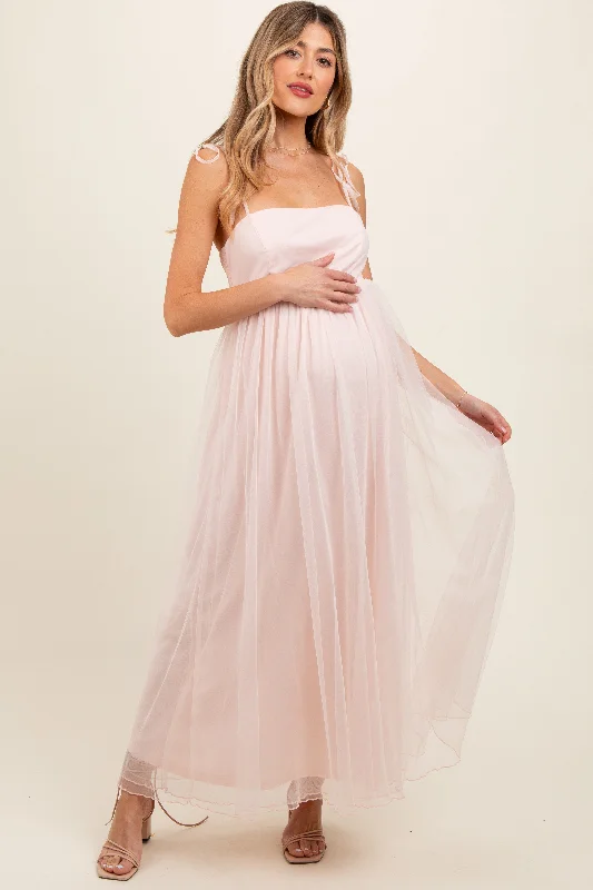 Light Pink Square Neck Shoulder Tie Tulle Maternity Maxi Dress