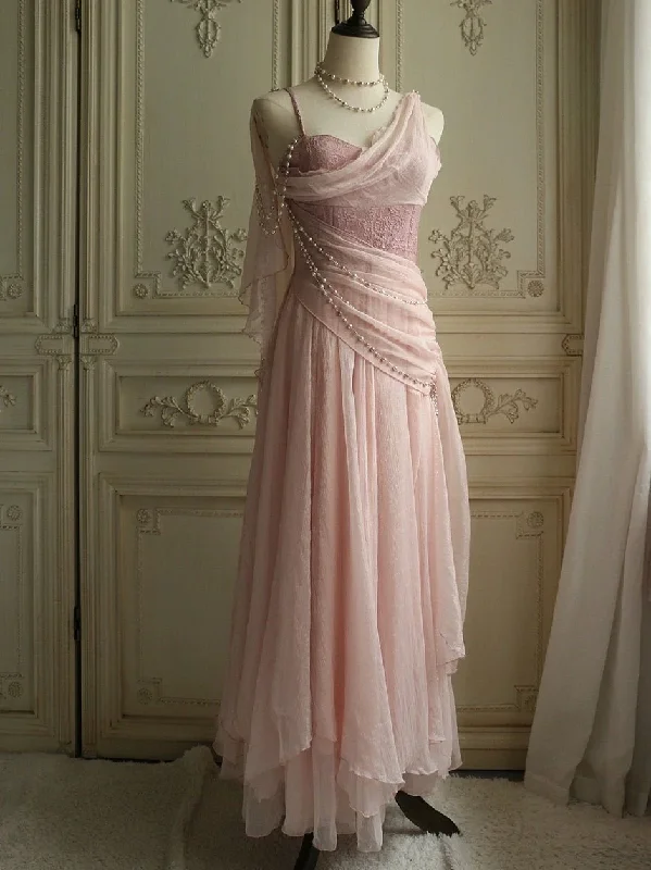 Stunning Pink Straps A-Line Lace Chiffon Long Formal Party Dress, DP3700