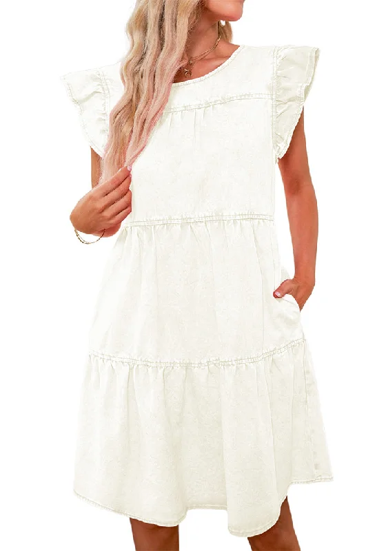 Brilliant White Women's Mini Denim Babydoll Sleeveless Ruffle Sleeve Pleated Dress