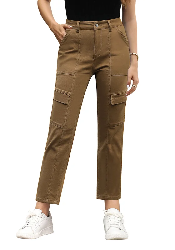 Brown Cargo High Waisted Straight Leg Stretchy Distressed Denim Pants for Women