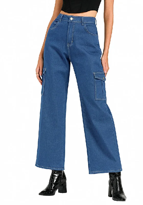 Classic Blue Women's Cargo Denim Relaxed Fit Y2K Wide Leg Pants