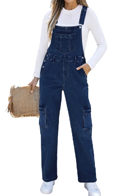 Dark Blue Women's Casual Adjustable Strap Wide Leg Jumpsuit with Pocket Jeans Trouser