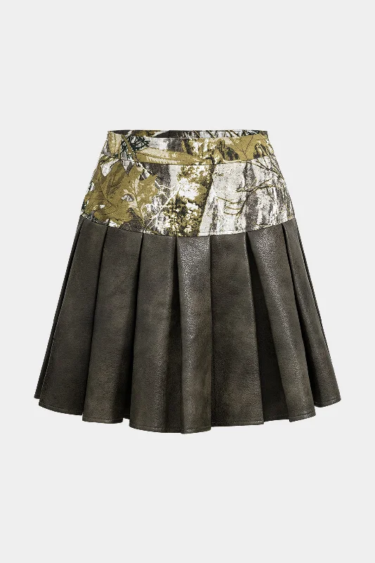 Leaves Print Faux Leather Denim Patchwork Pleated Skirt