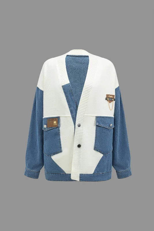 Denim Patchwork Pocket Sweater Cardigan