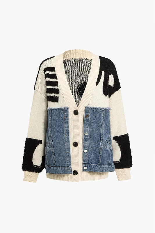 Knit Patchwork Denim Cardigan