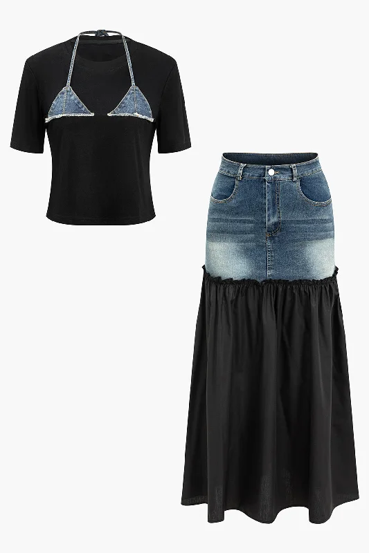 Denim Patchwork T-shirt And Skirt Set