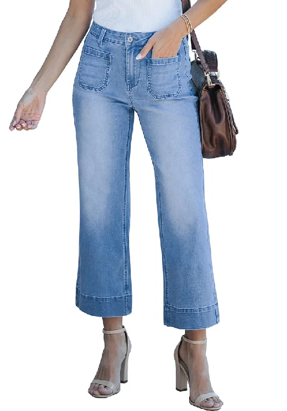 Medium Blue 2024 Women's High Waisted Long Denim Wide Leg Pockets Cropped Pants Jeans Trouser