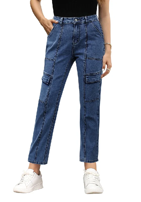 Wishful Blue Cargo High Waisted Straight Leg Stretchy Distressed Denim Pants for Women